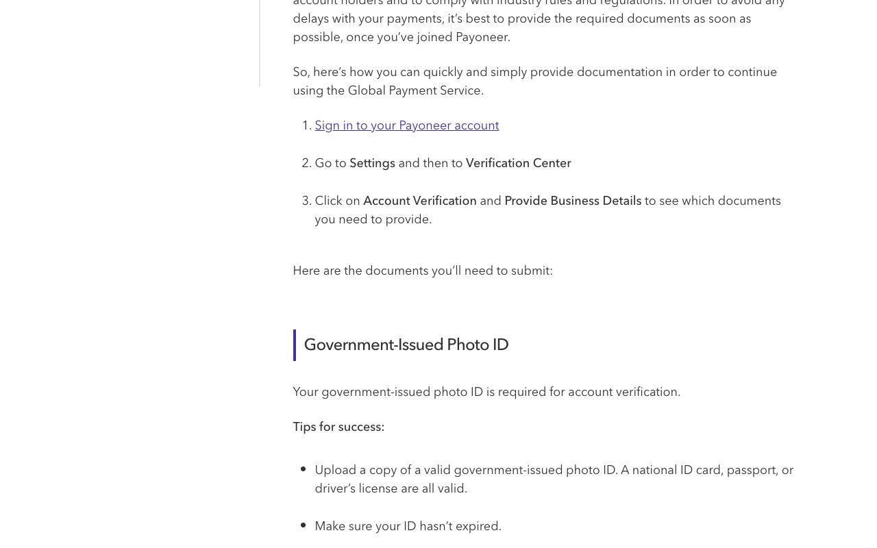 Screenshot of Payoneer's guide to submitting required documents, under the heading Government-Issued Photo ID, stating that a national ID card, passport, or driver's license are all valid and that the ID must not have expired