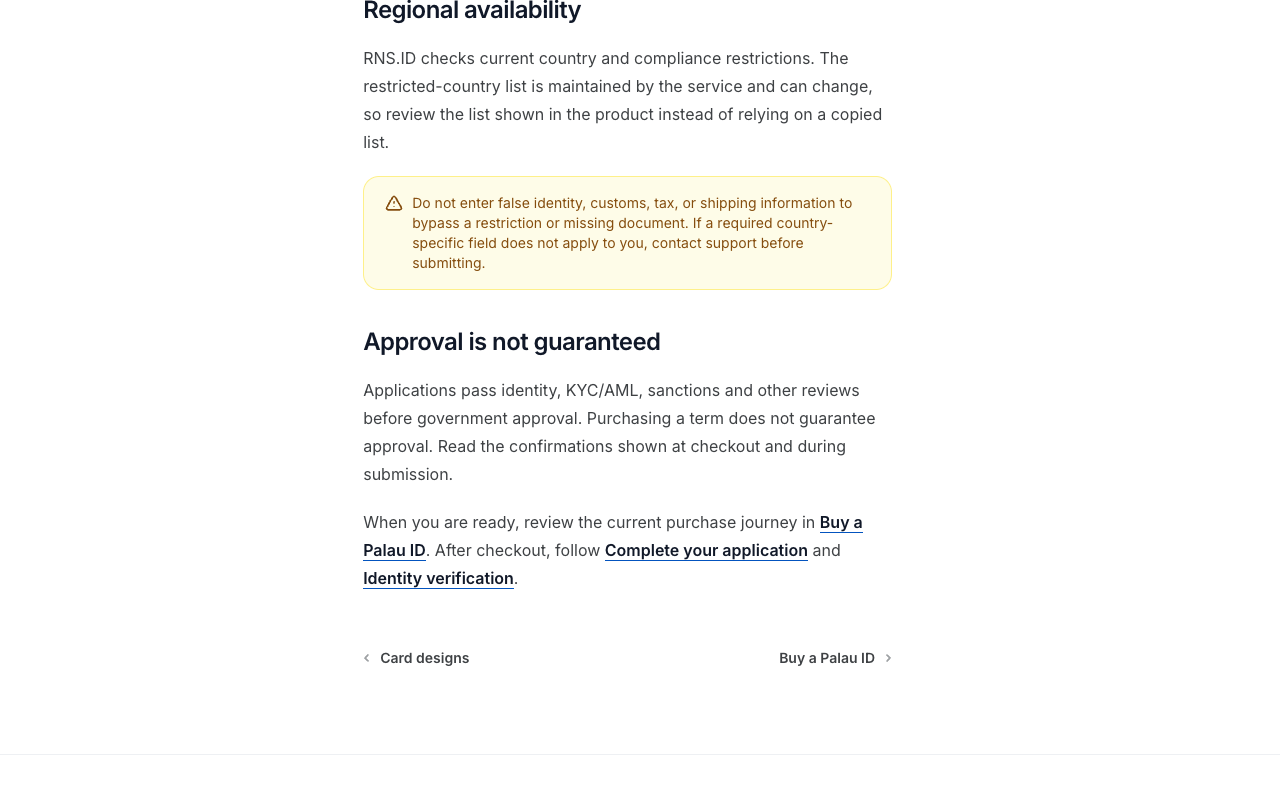 Screenshot of the RNS.ID eligibility documentation under the heading Approval is not guaranteed, stating that applications pass identity, KYC/AML, sanctions and other reviews before government approval and that purchasing a term does not guarantee approval