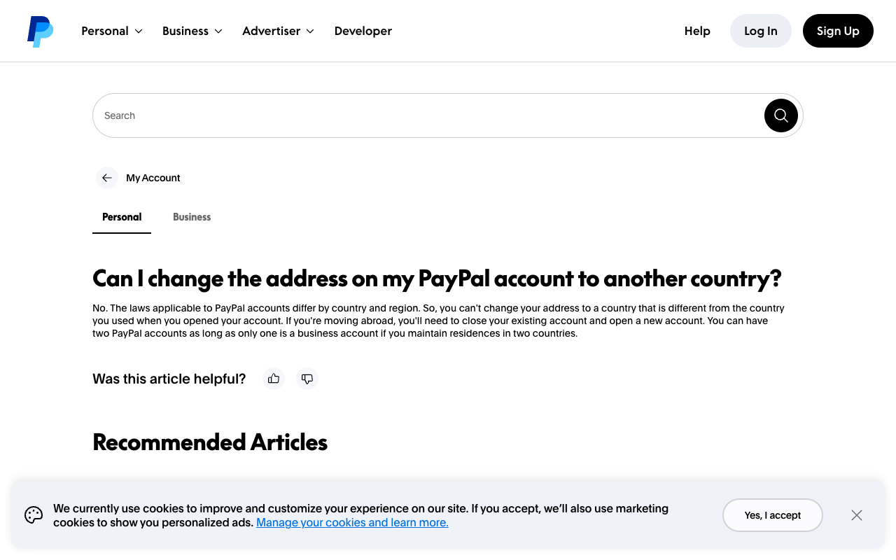 Screenshot of PayPal's help page headed Can I change the address on my PayPal account to another country, captured 27 September 2026. Its answer reads: No. The laws applicable to PayPal accounts differ by country and region. So, you can't change your address to a country that is different from the country you used when you opened your account.