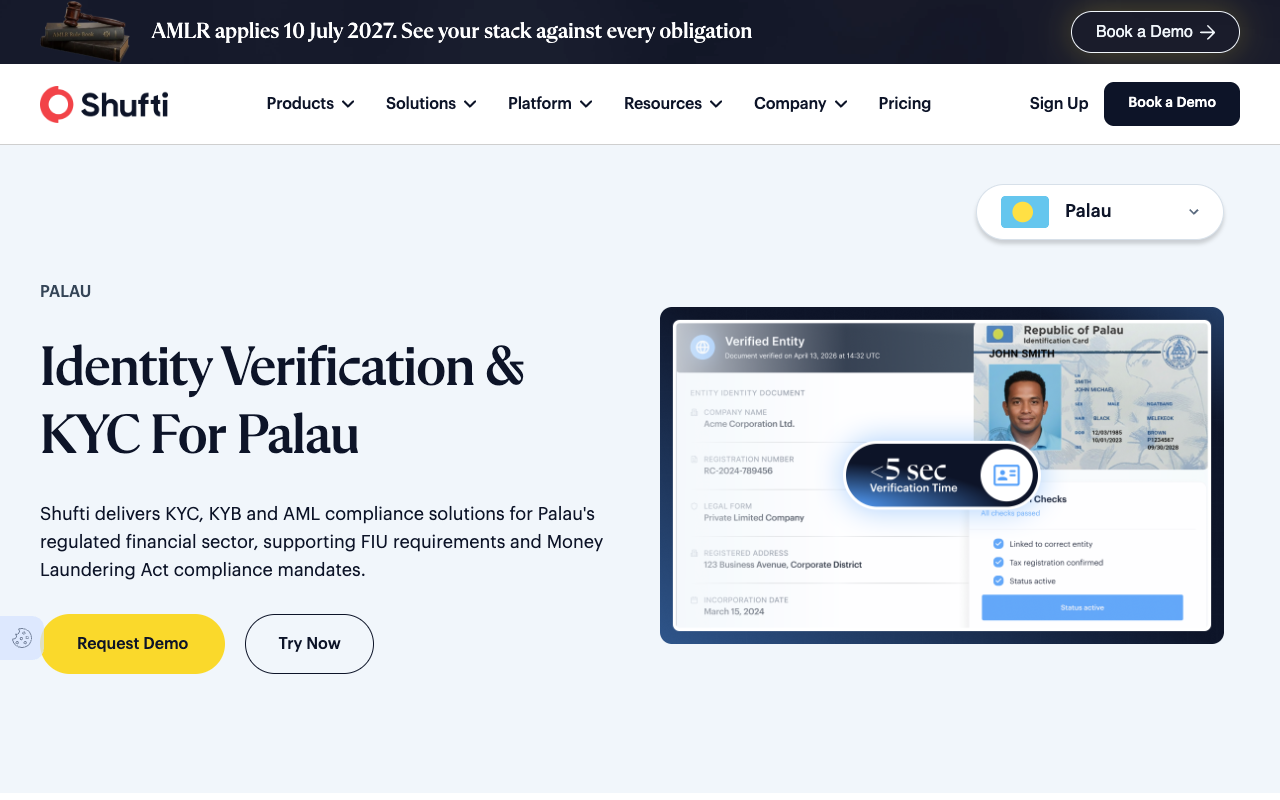 Screenshot of Shufti Pro's Identity Verification and KYC for Palau page, the supported-countries entry listing the Palau documents its library reads