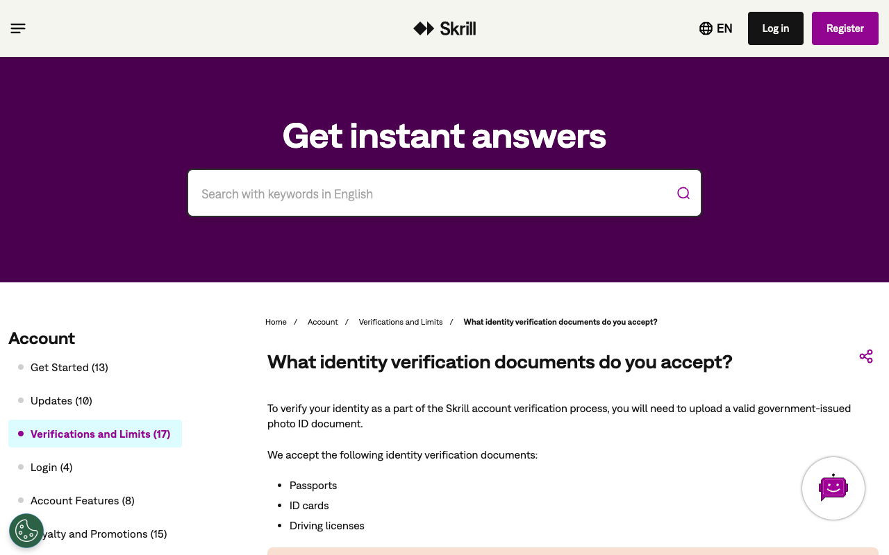 Screenshot of Skrill's help centre article titled What identity verification documents do you accept, stating that to verify your identity you will need to upload a valid government-issued photo ID document and listing passports, ID cards and driving licenses