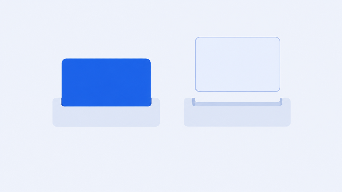 Light flat-vector graphic: a solid royal-blue ID card seated flush inside a slot in a pale panel on the left, and on the right an identical card drawn as a translucent outline floating just above a matching slot without entering it