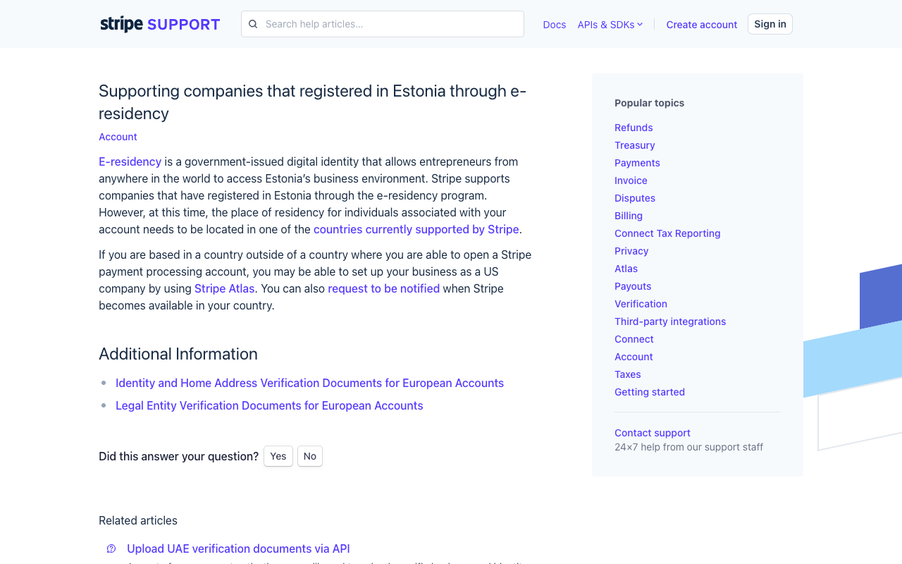 Screenshot of Stripe's support article Supporting companies that registered in Estonia through e-residency, carrying the sentence that the place of residency for individuals associated with your account needs to be located in one of the countries currently supported by Stripe