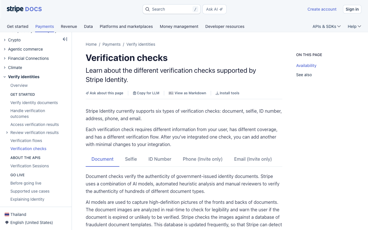 Screenshot of Stripe's Verification checks documentation page, headed Learn about the different verification checks supported by Stripe Identity, with the Document tab selected