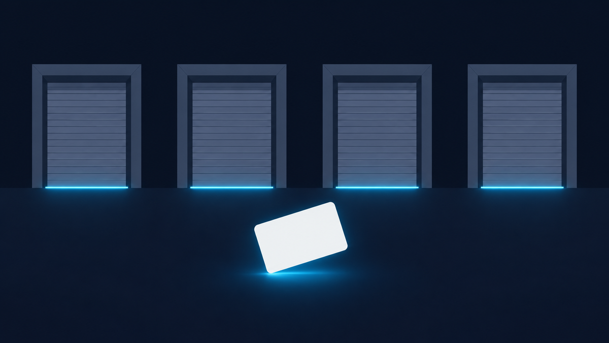 Four closed shutter doorways set into a dark navy wall, each with a thin cyan light line glowing along the floor in front of it, and a single small blank featureless card floating at an angle in the foreground with nowhere to go