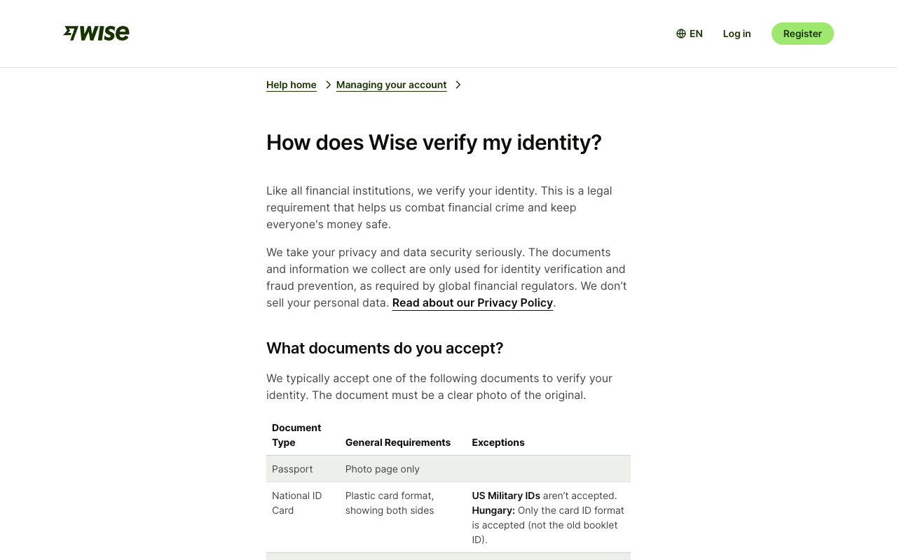 Screenshot of Wise's help page How does Wise verify my identity, showing the accepted document table with Passport requiring the photo page only and National ID Card requiring plastic card format showing both sides, with US Military IDs listed as not accepted